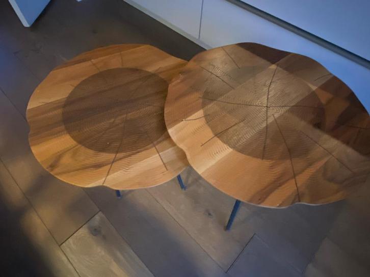 Houten Bijzettafeltjes Set, Huis en Inrichting, Tafels | Bijzettafels, Gebruikt, Rond, 45 tot 60 cm, Minder dan 55 cm, Hout, Ophalen