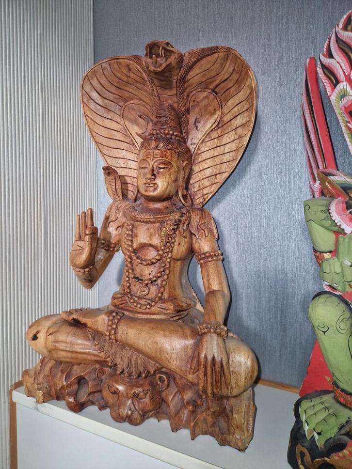 Groot houten origineel Shiva beeld met Cobra +meer brocante., Huis en Inrichting, Woonaccessoires | Boeddhabeelden, Zo goed als nieuw