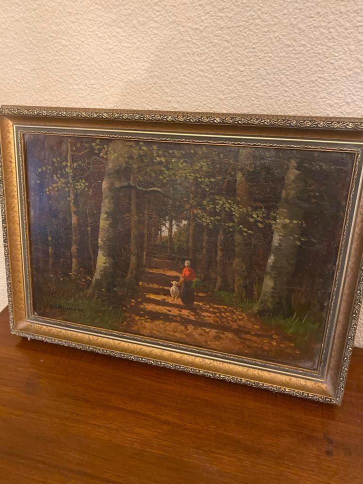 Schilderij: Vrouw met schaap W.A Wassenaar, Antiek en Kunst, Kunst | Schilderijen | Klassiek, Ophalen of Verzenden