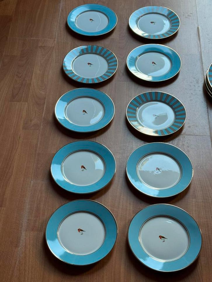 Pip Studio servies Love Birds 10 Ontbijtborden blauw/khaki, Huis en Inrichting, Keuken | Servies, Zo goed als nieuw, Overige typen