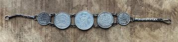 Zilveren armband met dubbeltjes, kwartjes en halve gulden beschikbaar voor biedingen