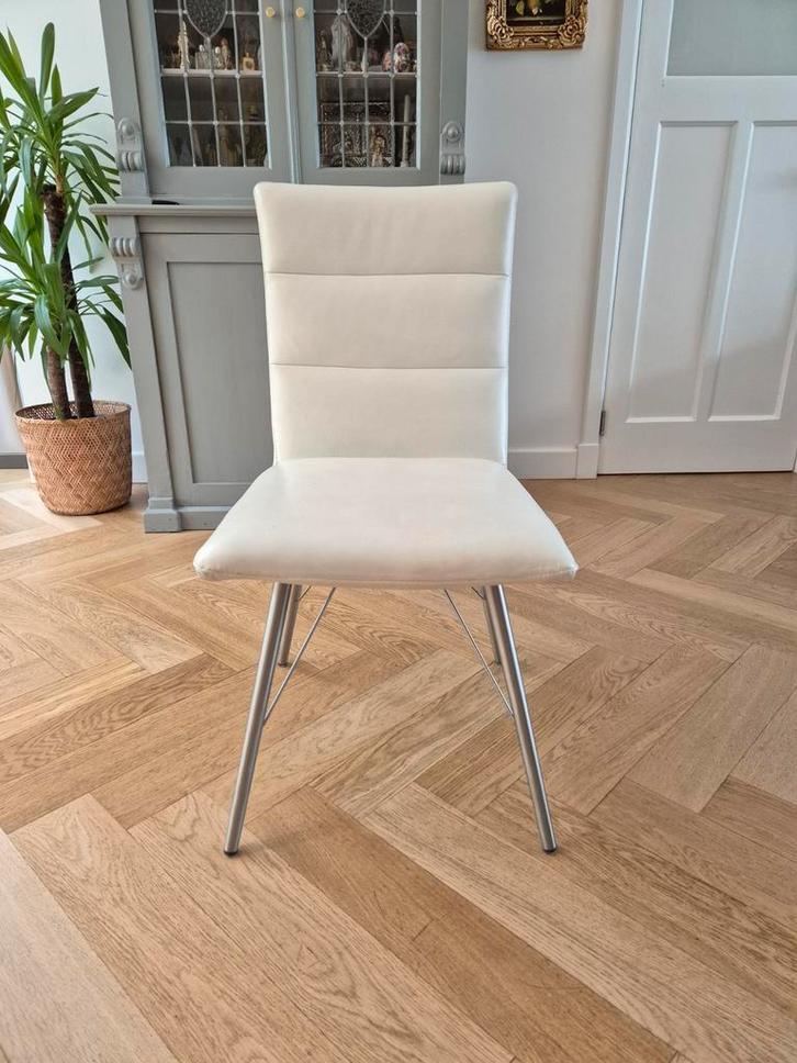 6x Witte Leren Eetkamerstoel met Metalen Poten, Huis en Inrichting, Stoelen, Vijf, Zes of meer stoelen, Leer, Metaal, Wit, Ophalen