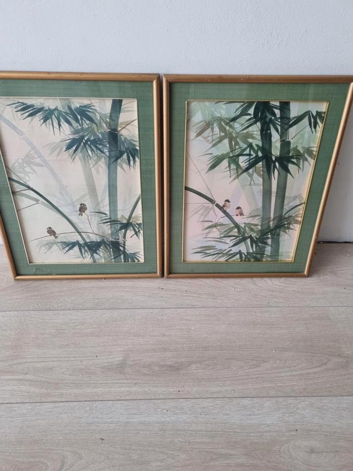 Vintage Aquarel Bamboe en Vogels, Huis en Inrichting, Woonaccessoires | Lijsten, Gebruikt, Minder dan 50 cm, Minder dan 50 cm