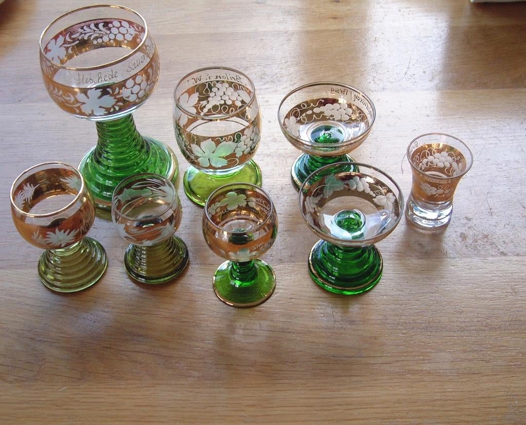 8 oude wijnglazen glas roemer geetste wijnrank enz, Ophalen of Verzenden, Gebruikt