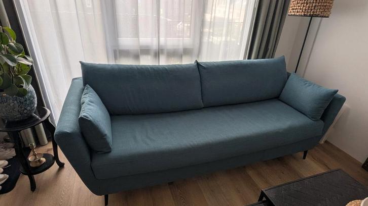 Petrolblauwe slaapbank, Huis en Inrichting, Banken | Bankstellen, Gebruikt, Rechte bank, Tweepersoons, Ophalen