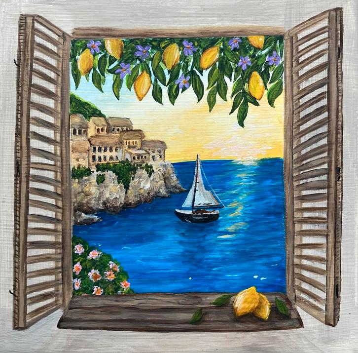 Handbeschilderd Tegel schilderijtje Lemon View ByJ&S, Huis en Inrichting, Woonaccessoires | Schilderijen, Tekeningen en Foto's