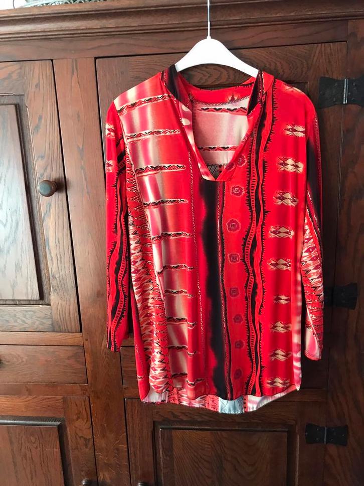 Prachtige rode Top met Prints en Glitters maat L/XL, Kleding | Dames, Tops, Zo goed als nieuw, Maat 42/44 (L), Rood, Lange mouw