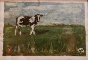 Koe Aquarel in Zwart Frame beschikbaar voor biedingen