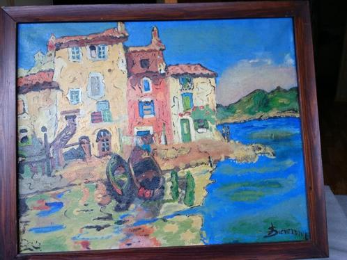 Boten en huizen bij meertje mooie modern schilderij, Antiek en Kunst, Kunst | Schilderijen | Modern, Ophalen of Verzenden