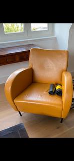 Lederen okergele fauteuil stoel, Huis en Inrichting, Ophalen, Gebruikt, Leer
