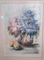 Aquarel, stilleven bloemen en fruit, gesigneerd, Ge Brugmans, Antiek en Kunst, Kunst | Schilderijen | Klassiek, Ophalen