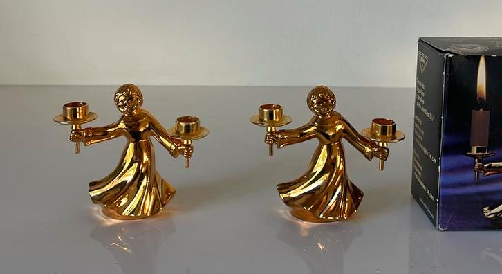 2 BMF vergulde kandelaars, Huis en Inrichting, Woonaccessoires | Kandelaars en Kaarsen, Zo goed als nieuw, Minder dan 25 cm, Overige materialen