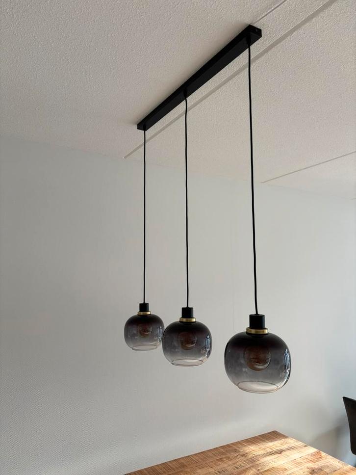 Hanglamp eettafel Oilella zwart-grijs, Huis en Inrichting, Lampen | Hanglampen, Zo goed als nieuw, 75 cm of meer, Glas, Metaal
