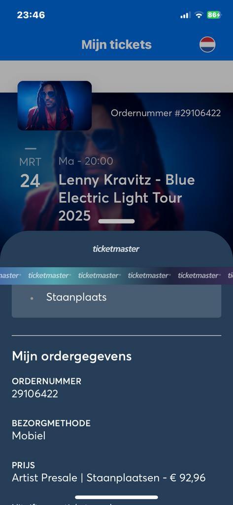 2 tickets Lenny Kravitz 24 maart, Tickets en Kaartjes, Concerten | Pop, Twee personen, Maart