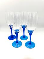 4 x Mondgeblazen Wijnglazen met Blauwe Voet 80s, Glas of Glazen, Ophalen of Verzenden, Effen, Glas
