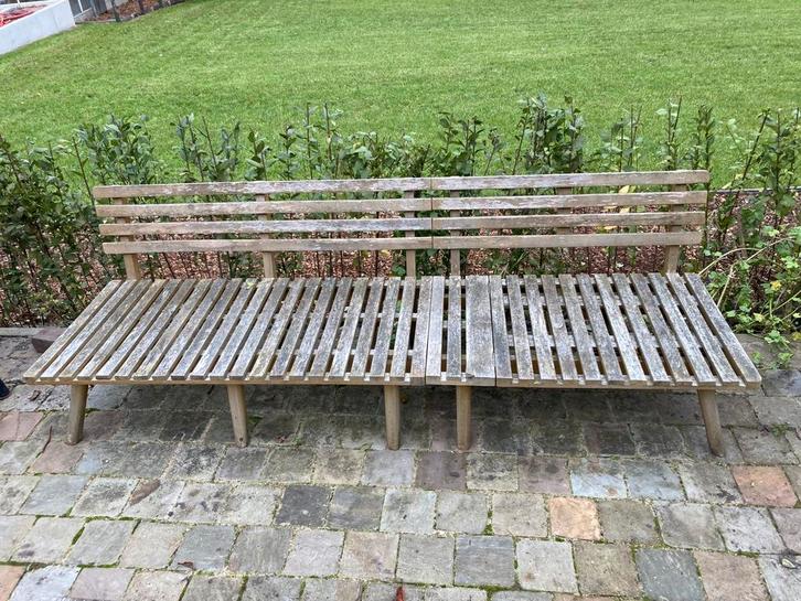 2x 3-pers tuinbank acaciahout, Tuin en Terras, Tuinbanken, Gebruikt, Hout, Ophalen