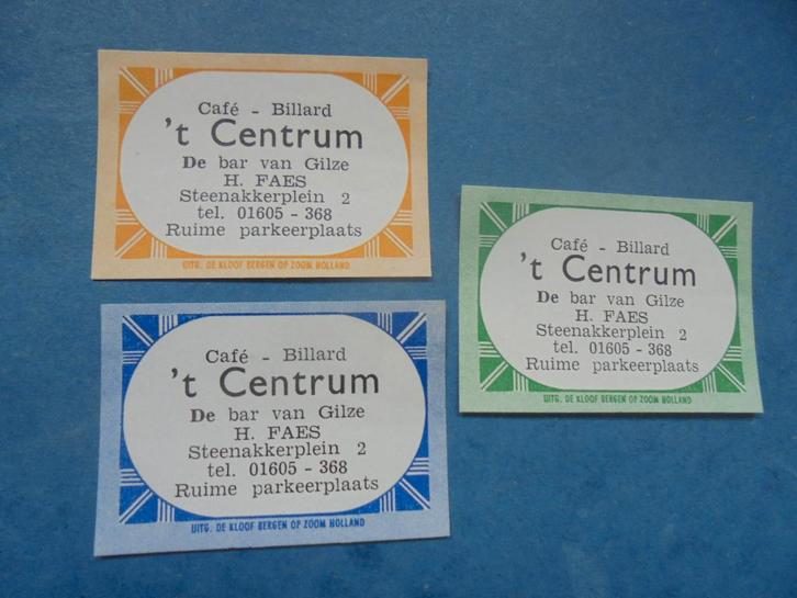 3 oude luciferetiketten Café 't Centrum in GILZE - RIJEN, Verzamelen, Rookartikelen, Aanstekers en Luciferdoosjes, Zo goed als nieuw