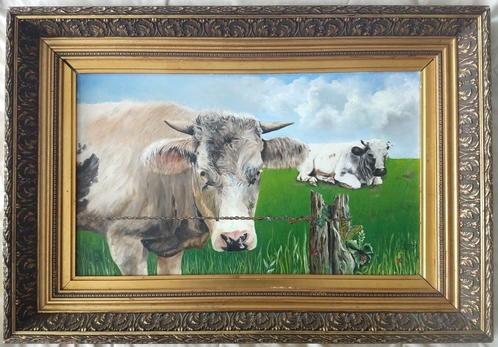 Koeien in het groene veld. Olieverf op paneel, Antiek en Kunst, Kunst | Schilderijen | Klassiek, Ophalen of Verzenden