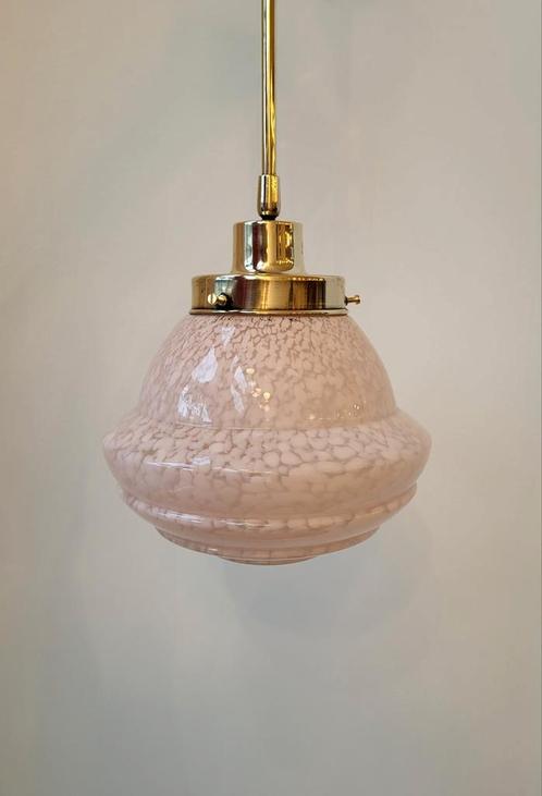 Vintage glazen hanglamp pandel messing armatuur Clichy glas, Huis en Inrichting, Lampen | Hanglampen, Zo goed als nieuw, 50 tot 75 cm