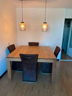 Eikenhouten eettafel 140x140 + 4 suède stoelen, Huis en Inrichting, Ophalen, Gebruikt, Vier personen, 100 tot 150 cm