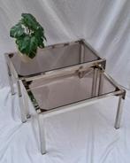 twee prachtige bijzettafels vintage jaren 70 rookglas, Minder dan 55 cm, Rechthoekig, Ophalen, 45 tot 60 cm