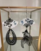 Oosterse rvs Oorbellen met vis en waaiers zwart wit, Overige materialen, Hangers, Zwart, Nieuw