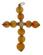 Grote 14 karaats gouden antieke agaat kruishanger ca. 1880, Goud, Hanger, Met edelsteen, Ophalen of Verzenden