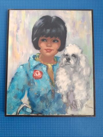 Olieverfschilderij Meisje met Hond - gesigneerd beschikbaar voor biedingen