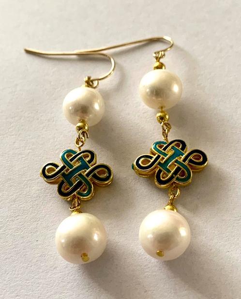 Parel Oorbellen van Parels  met Cloisonne “Celtic Knot” 14K, Sieraden, Tassen en Uiterlijk, Oorbellen, Nieuw, Goud, Ophalen of Verzenden