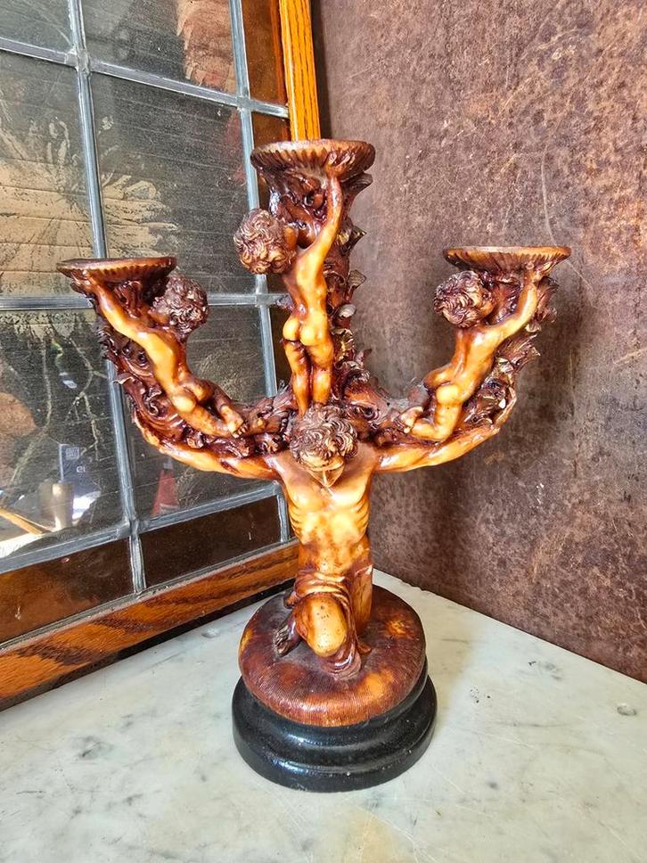 Antiek barok kandelaar cherubijn, Antiek en Kunst, Antiek | Kandelaars, Koper of Brons, Ophalen of Verzenden