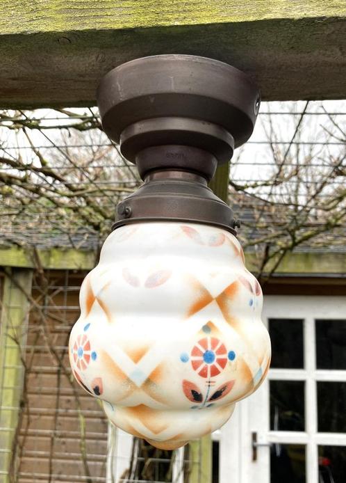 Mooie Art Deco Lamp - antiek vintage Amsterdamse School, Huis en Inrichting, Lampen | Plafondlampen, Gebruikt, Glas, Metaal, Ophalen of Verzenden