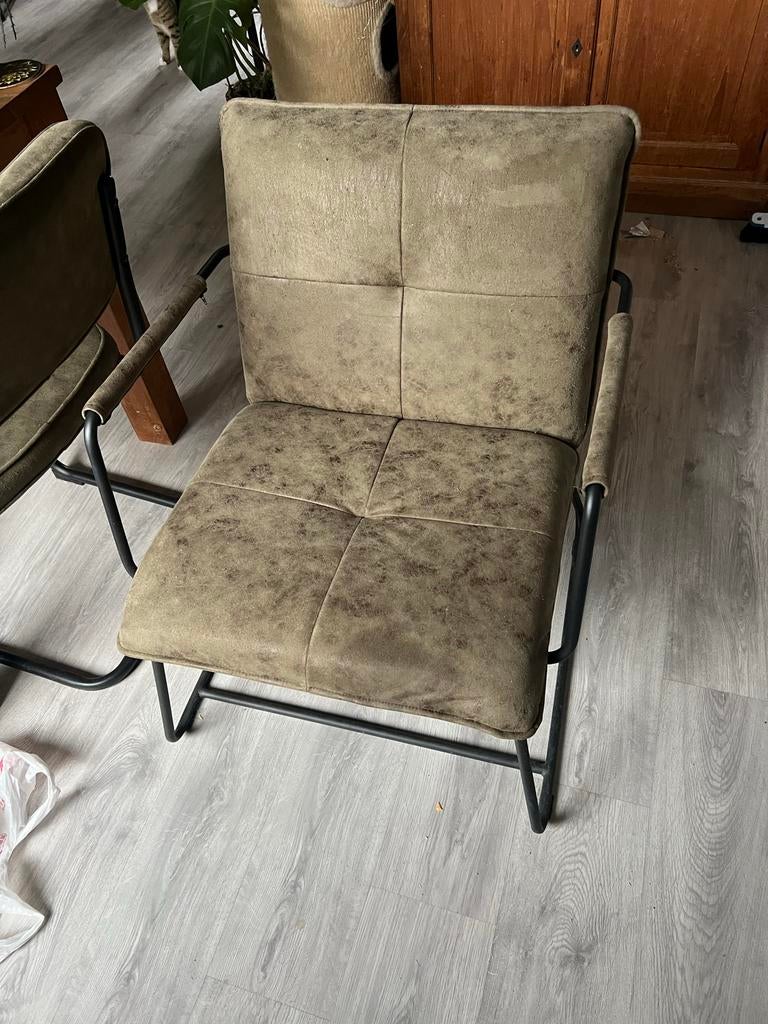 2 groene stoffen stoelen, Huis en Inrichting, Stoelen, Gebruikt, Twee, Stof, Overige kleuren, Ophalen