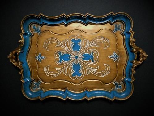 Groot Italiaans dienblad serveerblad goud blauw florentijns, Antiek en Kunst, Curiosa en Brocante, Ophalen of Verzenden