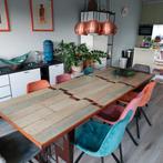 8 persoons tafel, oud hout, poten van industriële snijplaten, Ophalen, Gebruikt, 200 cm of meer, 50 tot 100 cm