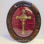 Bronzen Jezus in bolglas schilderij op rood fluweel, Antiek en Kunst, Ophalen of Verzenden