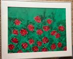 Abstract Schilderij met Rode Bloemen, 101x81cm, Ingelijst, Ophalen