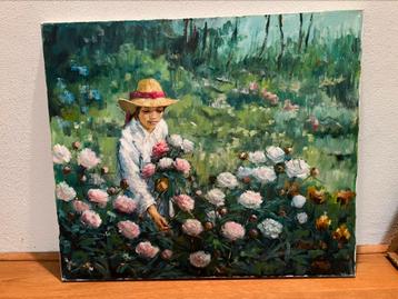 Impressionistisch Schilderij Meisje in de Tuin beschikbaar voor biedingen