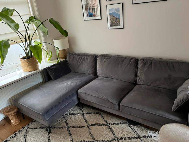 Grijze velours velvet hoekbank, Huis en Inrichting, Banken | Complete zithoeken, Gebruikt, Stof, Ophalen