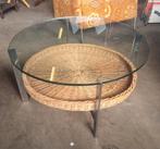 Vintage salontafel chroom met glazen plaat rotan zwaar model, Ophalen, 50 tot 100 cm, Rond, 50 tot 100 cm