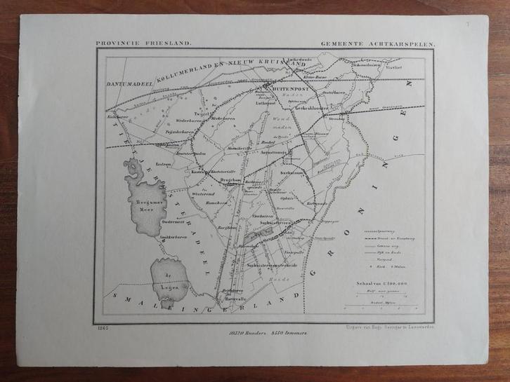 1 / Achtkarspelen Buitenpost Litho uit 1865 van J. Kuyper, Antiek en Kunst, Kunst | Litho's en Zeefdrukken, Ophalen of Verzenden