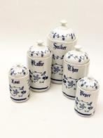 Vintage 5-delige set voorraadpotten met blauw-wit decor, Ophalen, Zo goed als nieuw