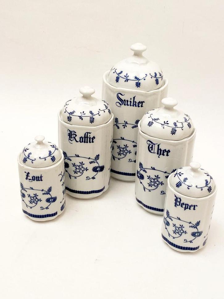 Vintage 5-delige set voorraadpotten met blauw-wit decor, Huis en Inrichting, Keuken | Keukenbenodigdheden, Zo goed als nieuw, Ophalen