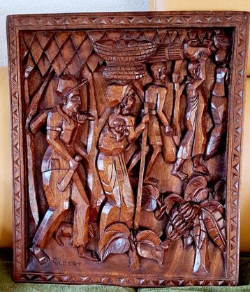 Groot houtsnijwerk uit Afrika jaren 50  art deco beschikbaar voor biedingen