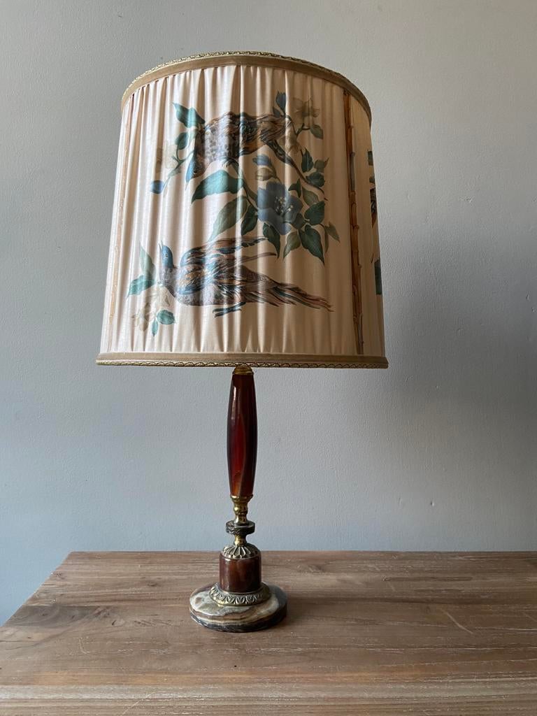 Vintage Mid Century Onyx Messing Tafellamp met Vogel Lampenk, Ophalen of Verzenden, Zo goed als nieuw, Metaal, Minder dan 100 cm