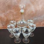 Vintage karaf met 6 (wijn) glazen met gouden randje, Antiek en Kunst, Antiek | Glas en Kristal, Ophalen of Verzenden