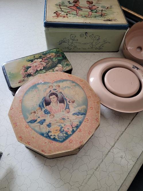 Zeer oud romantisch roze koekjes blik foto 1 t/m 6, Antiek en Kunst, Curiosa en Brocante, Ophalen of Verzenden