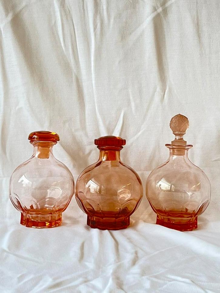 3 vintage rosaline flesjes / karafs, Antiek en Kunst, Antiek | Glas en Kristal, Ophalen of Verzenden