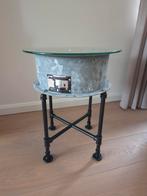 Unieke industrieel, upcycle tafeltje., Huis en Inrichting, Tafels | Bijzettafels, Minder dan 55 cm, Rond, Ophalen, 45 tot 60 cm