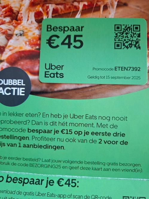 Gratis: Über Eats code., Tickets en Kaartjes, Kortingen en Cadeaubonnen, Eén persoon, Overige typen, Kortingsbon