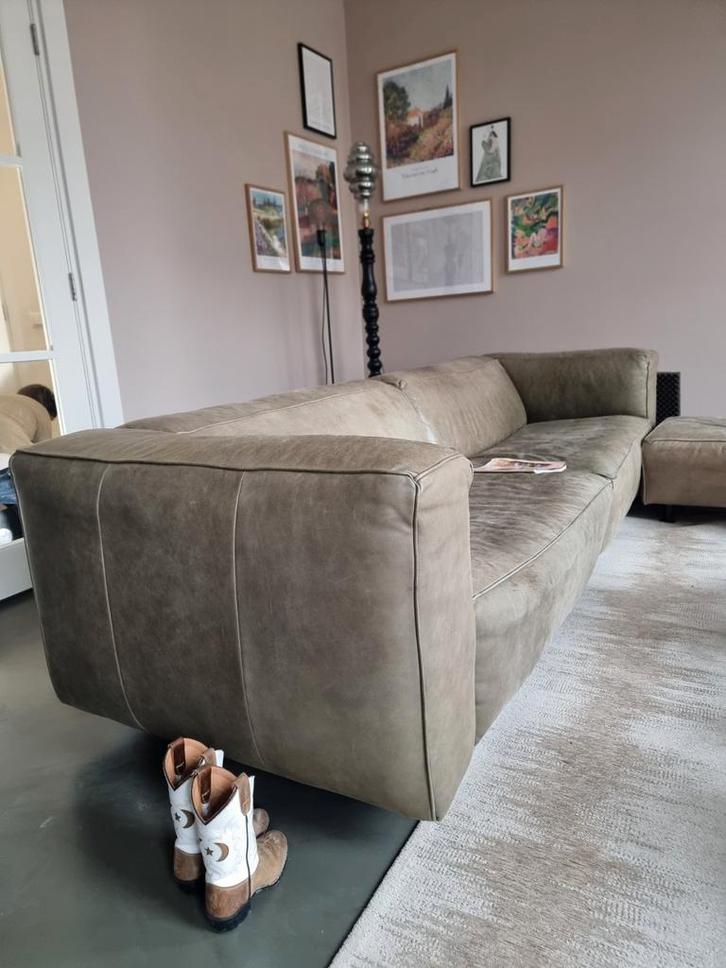 Kartel, mooie groen leren bank, Huis en Inrichting, Banken | Bankstellen, Gebruikt, Hoekbank, Vierpersoons of meer, 250 tot 300 cm